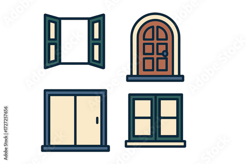 Architectural openings collection featuring various window styles, including an open window, and a traditional arched entryway design