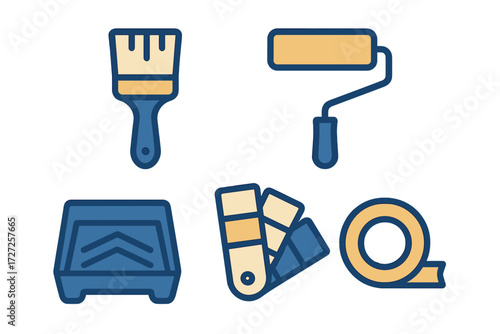 Collection of essential painting and decorating tools including brush roller tray color swatches and masking tape