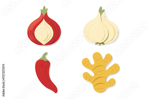 Vibrant selection of red onion, white onion, chili pepper, and ginger root, essential kitchen ingredients