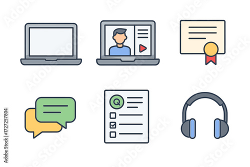 Online education and communication icons set with laptop, video lesson, certificate, chat, quiz, and headphones