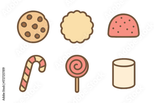 Delicious assortment of baked goods, confectionery, and sweet treats featuring cookies, candy canes, lollipops, and marshmallows