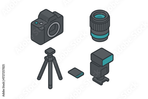 Isometric photography equipment set featuring a digital camera, interchangeable lens, sturdy tripod, external flash, and memory card