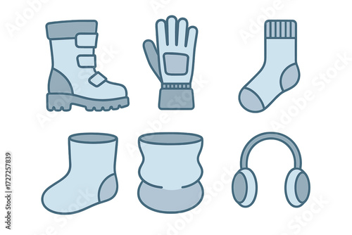 Essential winter outdoor clothing and accessories set including boots, gloves, socks, neck gaiter, and earmuffs for cold weather activities