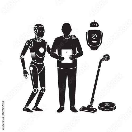 Vector art of silhouette of a robot and a person holding a tablet with a vacuum cleaner and another robot head