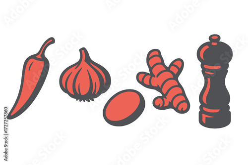 Collection of essential cooking ingredients and spices like red chili pepper garlic ginger and a pepper grinder