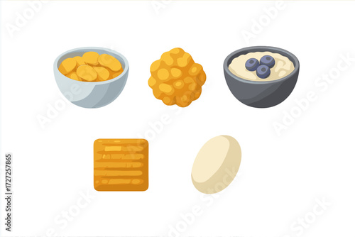 Diverse selection of breakfast and snack food items featuring cereal, oatmeal with blueberries, a biscuit, and an egg