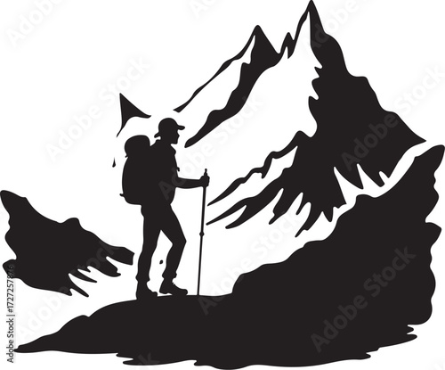 Silhouette hiker with backpack and trekking pole on mountain peak