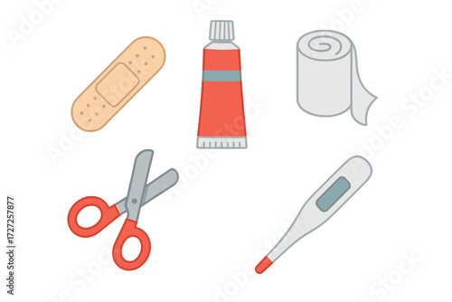 Essential medical supplies for first aid kit including bandage, ointment, tape, scissors, and thermometer