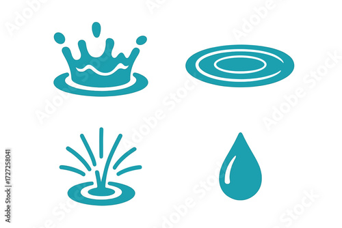 Dynamic water splash, concentric ripples, refreshing fountain, and pristine single drop symbol for purity and hydration