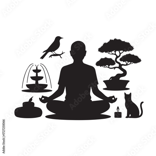 Vector art of silhouette of a person meditating in lotus pose with a bird, fountain, bonsai tree, candle, and cat