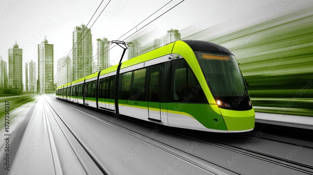 Naklejka premium A green and white electric train traveling through a cityscape with green buildings.