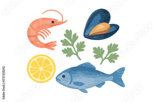 Delicious fresh seafood assortment with shrimp, mussel, fish, lemon slice, and parsley sprigs for culinary designs and menus