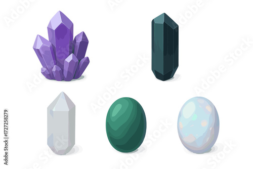 Vibrant collection of precious gemstones and natural crystals in various shapes and colors isolated on a clean white background
