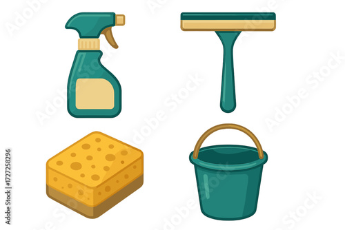 Household cleaning supplies set with spray bottle, squeegee, sponge, and bucket for domestic tasks