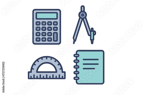 Collection of school and office supplies including calculator, compass, protractor, and notebook
