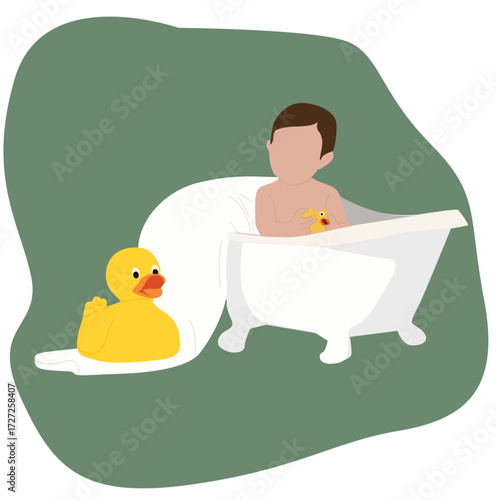 taking bath in bathroom with rubber duck. .a baby boy taking shower in the tub