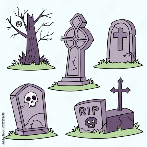 Spooky Tombstone Halloween Cartoon Set