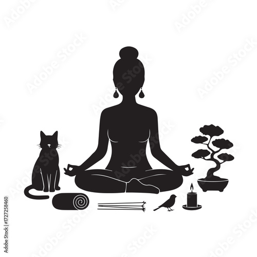 Vector art of silhouette of a woman meditating in lotus pose with a cat, bonsai tree, incense, and rolled mat