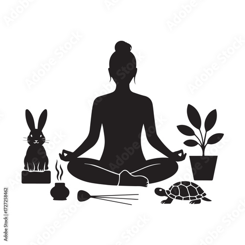 Vector art of silhouette of a woman meditating in lotus pose with a rabbit, turtle, plant, and incense burner