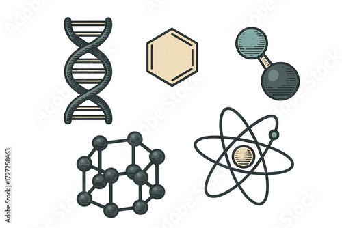 Comprehensive collection of essential scientific concepts including DNA double helix, atomic structure, and various molecular bonds