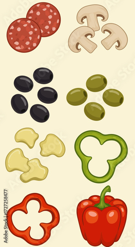Assortment of pizza toppings displayed against a light yellow background
