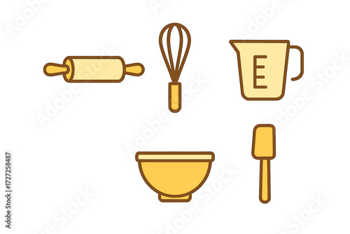 Collection of essential baking tools including rolling pin, whisk, measuring cup, bowl, and spatula for kitchen use