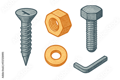 Hardware items for building and fixing, including wood screw, machine bolt, hex nut, flat washer, and L-shaped wrench