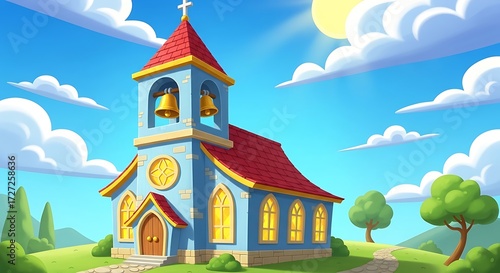 Cartoon Church Sunny Day.