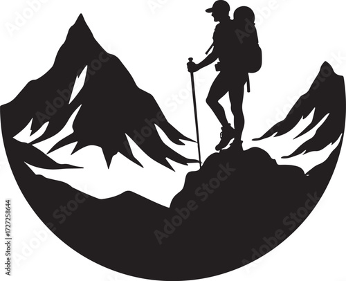 Silhouette hiker with backpack and trekking pole on mountain peak
