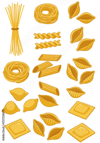 Assortment of various yellow pasta shapes on a white background