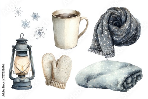Watercolor winter set with lantern mittens and cup
