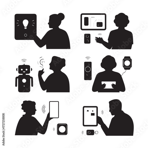 Vector art of silhouettes of people interacting with smart home devices like light bulbs, tablets, robots, and smartwatches