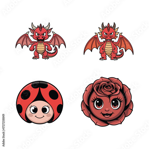 Cute cartoon devil ladybug and rose character artwork Vector illustration
