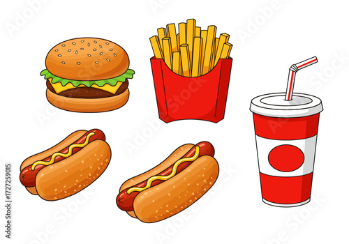 Cartoon illustration of a burger fries two hot dogs and a soda cup