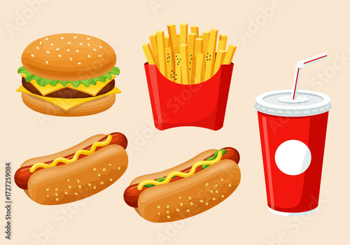 Cartoon illustration of a hamburger two hot dogs french fries and a soda cup