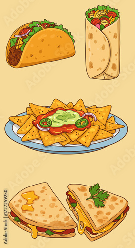 Cartoon illustration of Mexican dishes taco burrito nachos and quesadillas