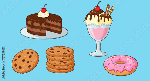 Cartoon illustrations of chocolate cake ice cream sundae cookies and a donut