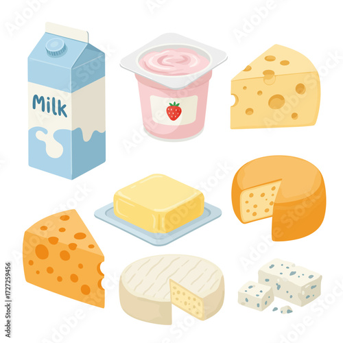 Collection of various dairy products including milk yogurt butter and different cheeses