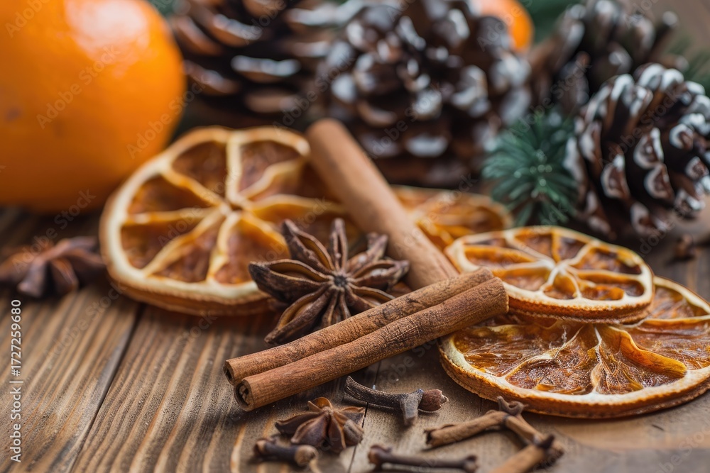 Fototapeta premium Rustic Christmas still life with cinnamon orange and pinecones