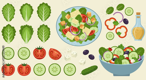 Flat graphic illustration of various salad ingredients and assembled salads