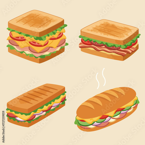 Four isometric illustrations of toasted and fresh sandwiches on a light background