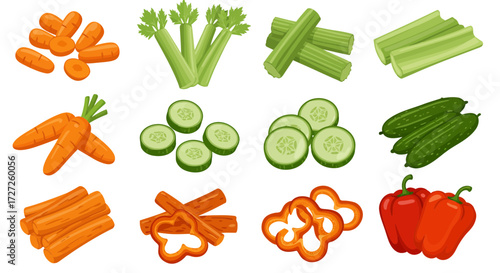 Four rows of vegetable preparations carrots celery cucumbers and peppers