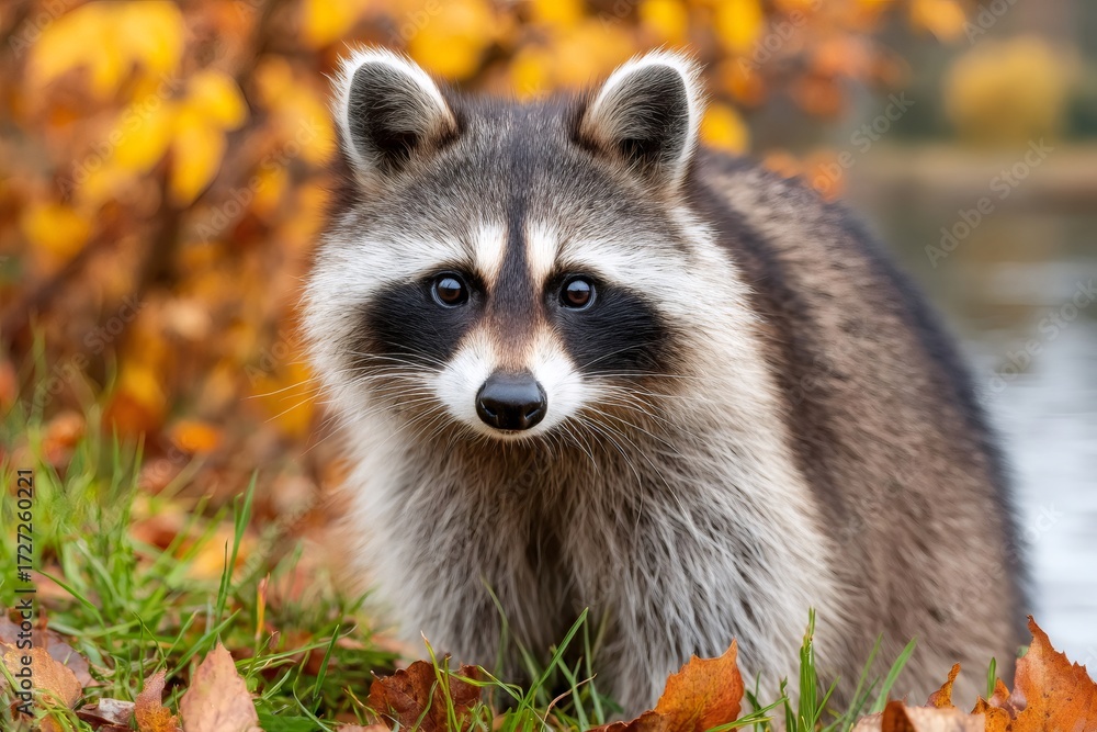 Obraz premium Raccoon standing on grass looking towards camera in autumn
