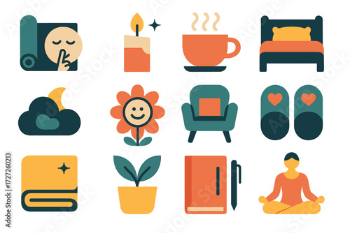 Wellness and relaxation flat icon set. featuring candle, tea, bed, cloud, flower, book, journal, and meditation