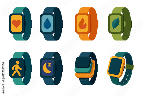 Tracker Icons Set. Tracker Variations set of icons in abstract flat : fitness tracker band, tracker with droplet, tracker with flame, tracker with
