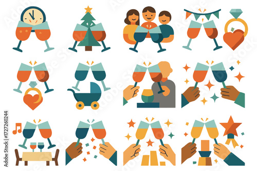 Celebratory Toasts Icons. Event Cheers set of icons in abstract flat : New Year’s Eve toast, Christmas dinner cheers, Thanksgiving family toast,