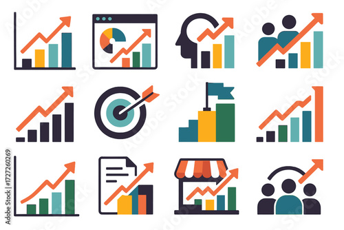 Business Growth Icons. Business Metrics Growth set of icons in abstract flat : KPI rising arrow, dashboard growth card, productivity up chart, team