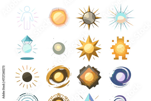 Big Moments Icons. Creative Big Moments set of icons in abstract flat : neon glowing figure, pastel aura moment, metallic highlight, holographic