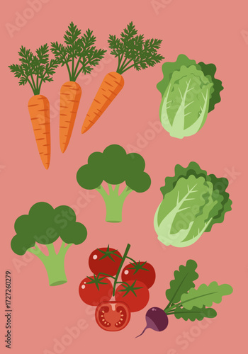 Illustration of assorted fresh vegetables on a pink background