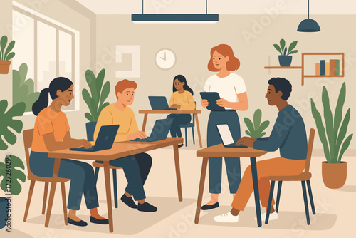 Young diverse team working on laptops in a bright and modern coworking space